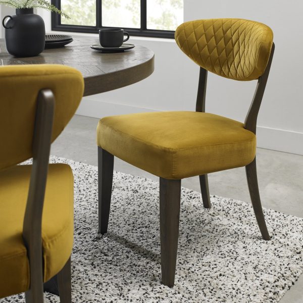 Bentley Designs Ellipse Fumed Oak Upholstered Chair - Mustard Velvet Fabric (Pair)