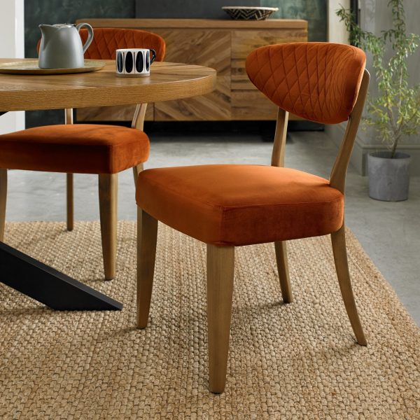 Bentley Designs Ellipse Rustic Oak Upholstered Chair - Rust Velvet Fabric (Pair)