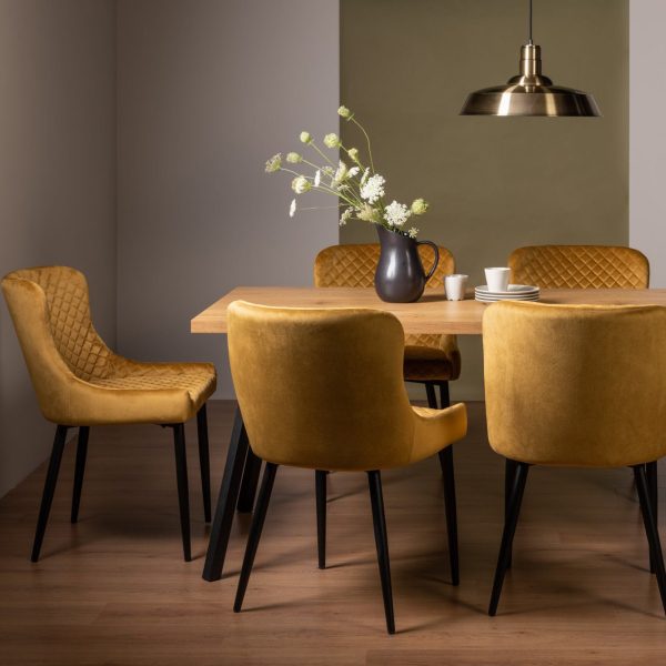 Bentley Designs Ramsay Oak Melamine 6 Seater Table - 4 Legs & 6 Cezanne Mustard Velvet Chairs - Black Legs