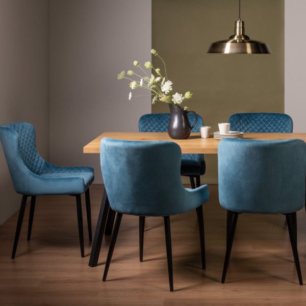 Bentley Designs Ramsay Oak Melamine 6 Seater Table - 4 Legs & 6 Cezanne Petrol Blue Velvet Chairs - Black Legs