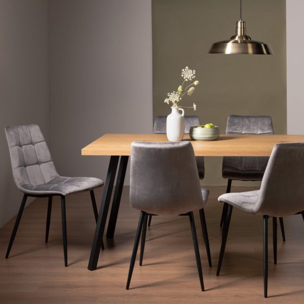 Bentley Designs Ramsay Oak Melamine 6 Seater Table - 4 Legs & 6 Mondrian Grey Velvet Chairs