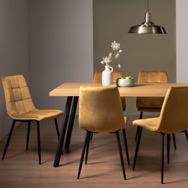 Bentley Designs Ramsay Oak Melamine 6 Seater Table - 4 Legs & 6 Mondrian Mustard Velvet Chairs