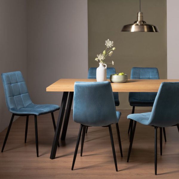 Bentley Designs Ramsay Oak Melamine 6 Seater Table - 4 Legs & 6 Mondrian Mustard Velvet Chairs