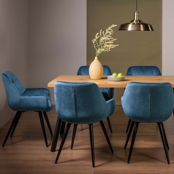 Bentley Designs Ramsay Oak Melamine 6 Seater Table - 4 Legs & 6 Dali Petrol Blue Velvet Chairs - Image 2