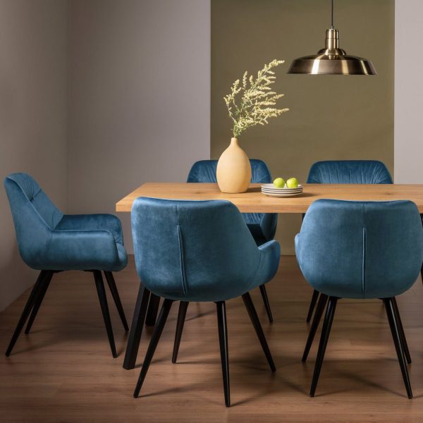 Bentley Designs Ramsay Oak Melamine 6 Seater Table - 4 Legs & 6 Dali Petrol Blue Velvet Chairs