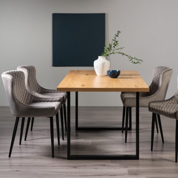 Bentley Designs Ramsay Oak Melamine 6 Seater Table - U Leg & 4 Cezanne Grey Velvet Chairs - Black Legs