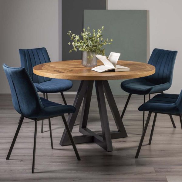 Bentley Designs Indus Rustic Oak 4 Seater Table & 4 Fontana Blue Velvet Chairs - Image 2