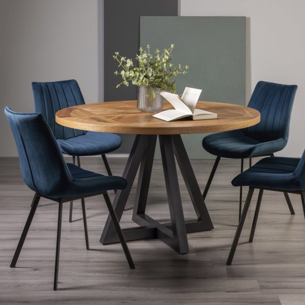 Bentley Designs Indus Rustic Oak 4 Seater Table & 4 Fontana Blue Velvet Chairs