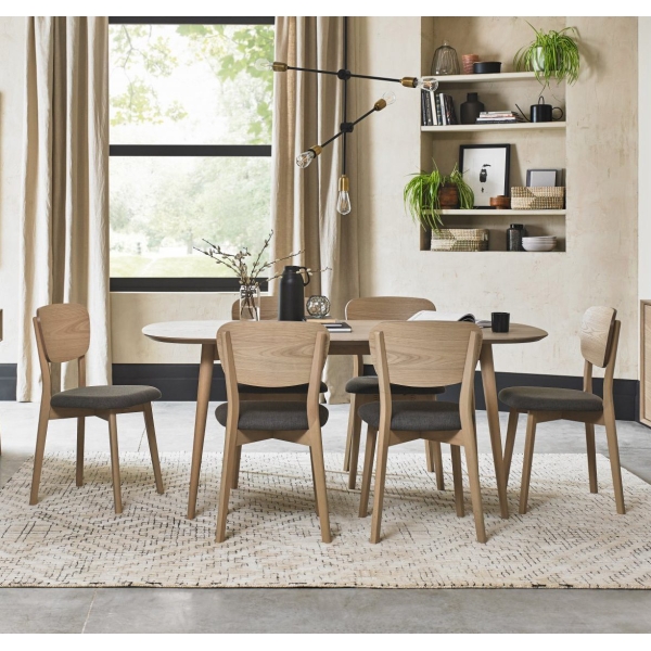 Bentley Designs Dansk Scandi Oak 6 Seater Dining Table & 6 Dansk Scandi Oak Veneer Back Chairs in Cold Steel Fabric