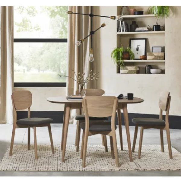 Bentley Designs Dansk Scandi Oak 4 Seater Table & 4 Veneer Back Chairs in Cold Steel Fabric