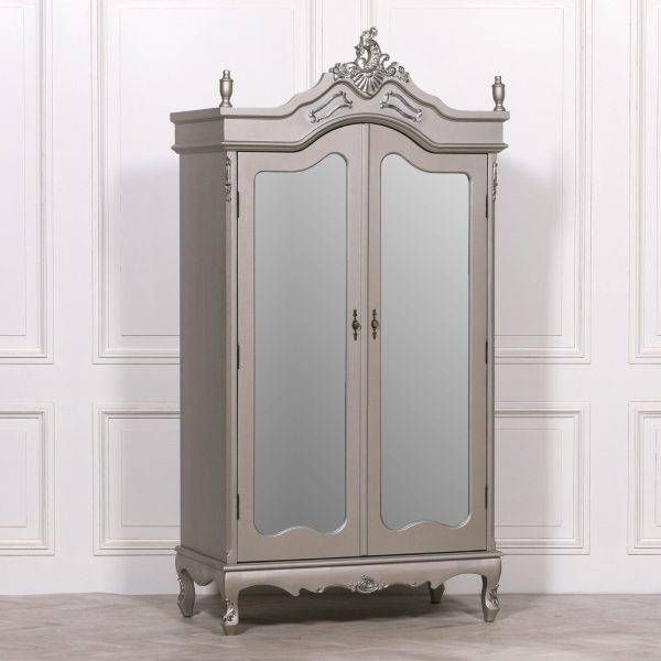 French Anitque Silver Double  Mirrored  Door Armoire