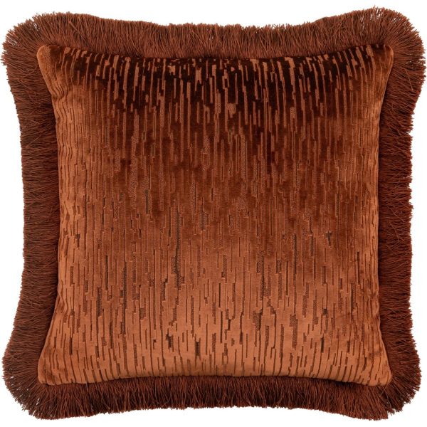 Gallery Interiors Cut Velvet Fringe Cushion in Terracotta