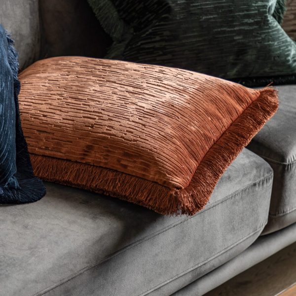 Gallery Interiors Cut Velvet Fringe Cushion in Terracotta - Image 3