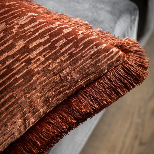 Gallery Interiors Cut Velvet Fringe Cushion in Terracotta - Image 4