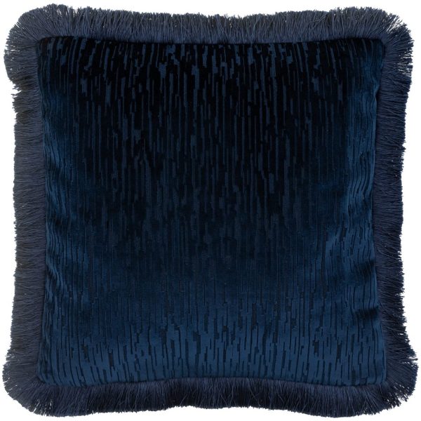 Gallery Interiors  Blue Cut Velvet Fringe Cushion - Image 2
