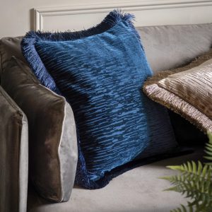 Gallery Interiors  Blue Cut Velvet Fringe Cushion