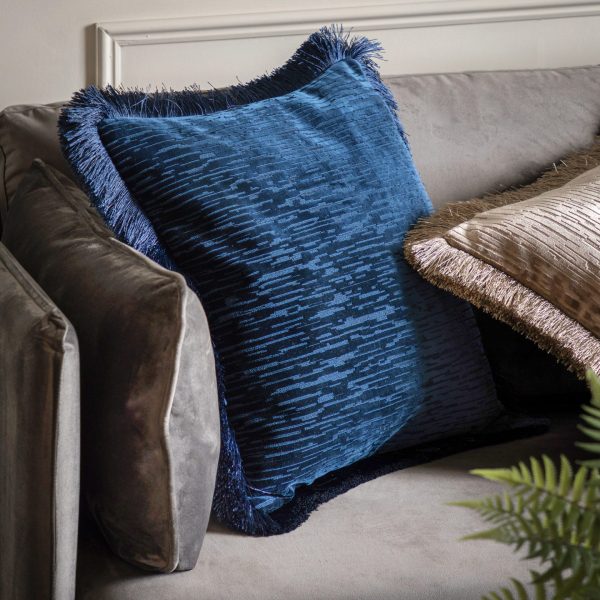 Gallery Interiors  Blue Cut Velvet Fringe Cushion - Image 3