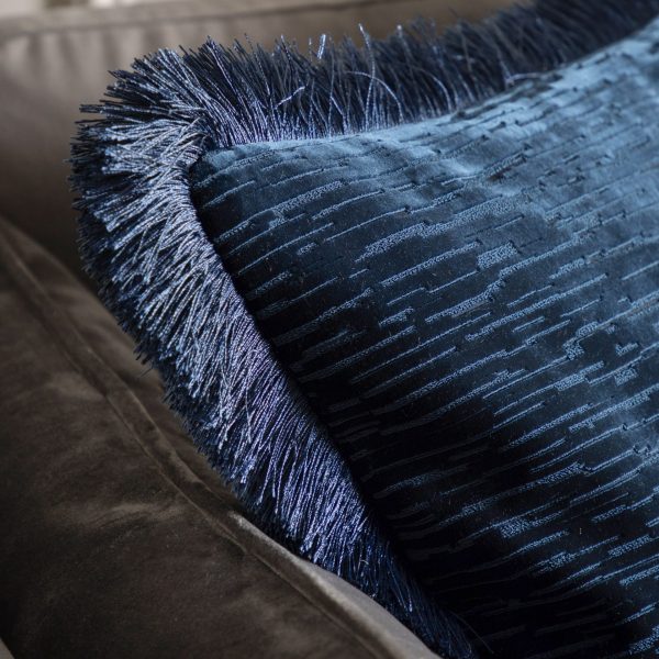 Gallery Interiors  Blue Cut Velvet Fringe Cushion - Image 4
