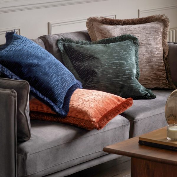 Gallery Interiors  Blue Cut Velvet Fringe Cushion - Image 5