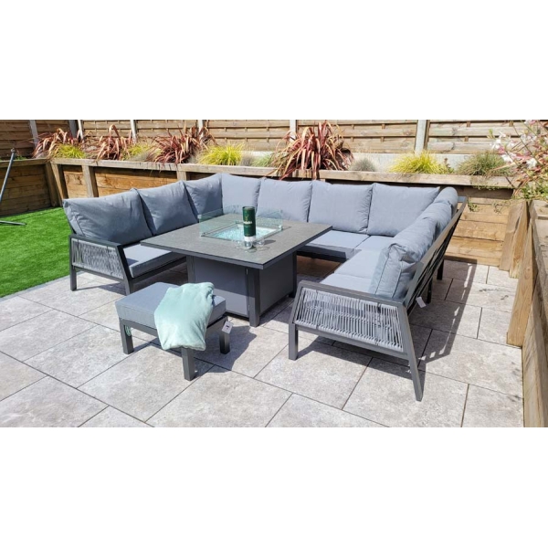 Signature Weave Bettina U shape dining sofa set in grey powder coat with gas fire pit table. - Image 4