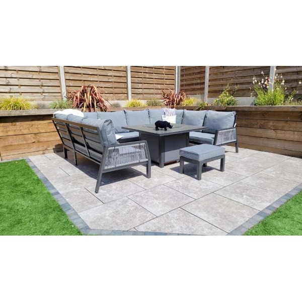 Signature Weave Bettina U shape dining sofa set in grey powder coat with gas fire pit table. - Image 6