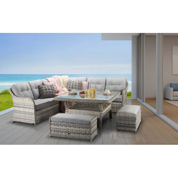 Signature Weave Constance Silver Grey Cream Rattan Corner Sofa Dining Set