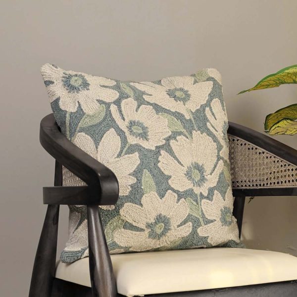 Xavier Home Intricate Embroidery Cotton Floral Cushion Blue-Off White