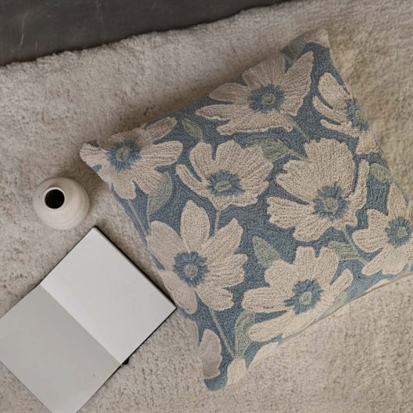 Xavier Home Intricate Embroidery Cotton Floral Cushion Blue-Off White - Image 3