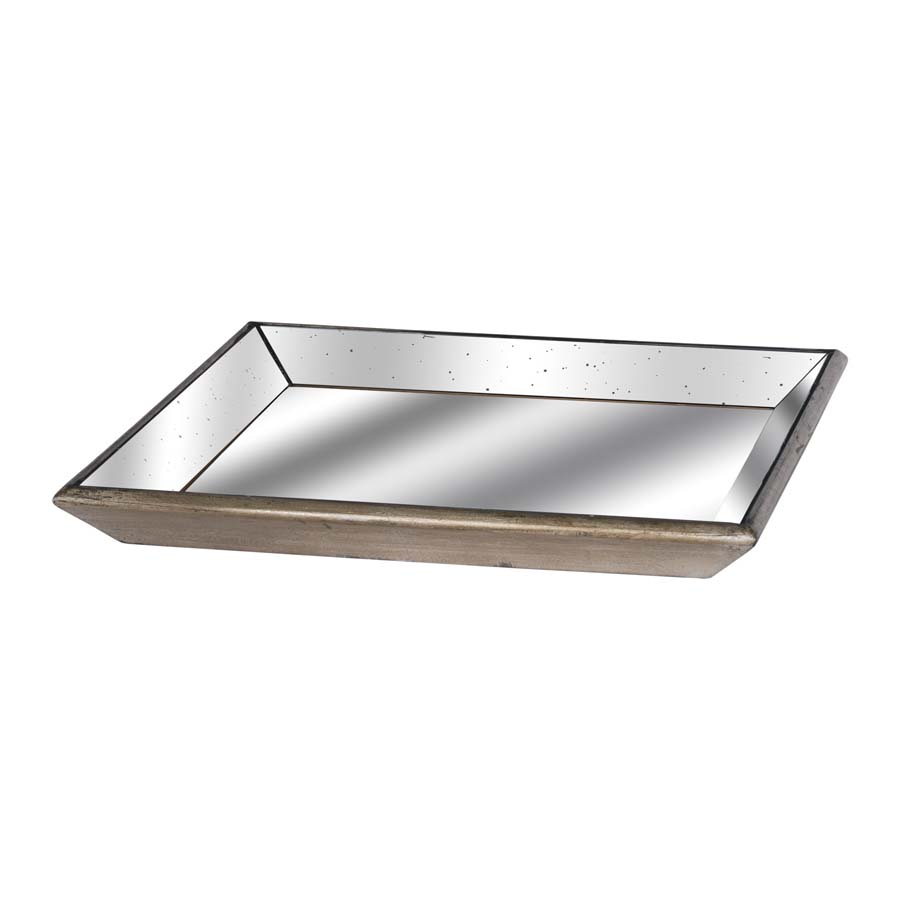 Hill Interiors Astor Distressed Mirrored Square Tray With Wooden Detailing Large