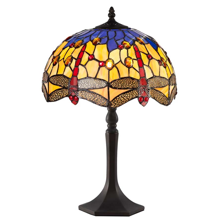 Halo Lighting Hattie 1 Light Octagonal Table Lamp E27 With 30cm Tiffany Shade, Blue/Orange/Crystal/Aged Antique Brass