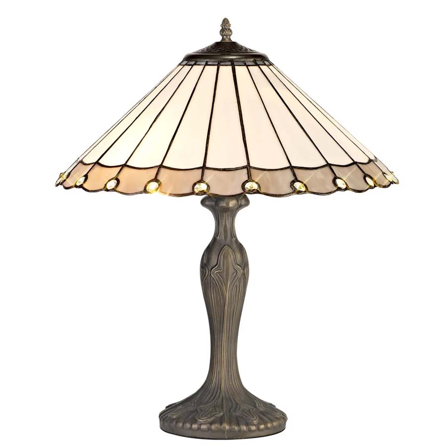 Halo Lighting Cleo 2 Light Curved Table Lamp E27 With 40cm Tiffany Shade, Grey/Cream/Crystal/Aged Antique Brass