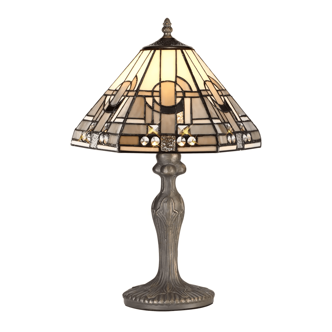 Halo Lighting Nahua 1 Light Curved Table Lamp E27 With 30cm Tiffany Shade, White/Grey/Black/Clear Crystal/Aged Antique Brass