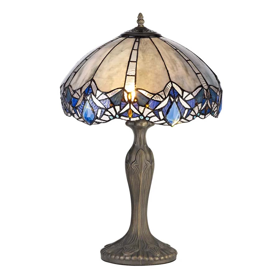 Halo Lighting Echo 2 Light Curved Table Lamp E27 With 40cm Tiffany Shade, Blue/Clear Crystal/Aged Antique Brass