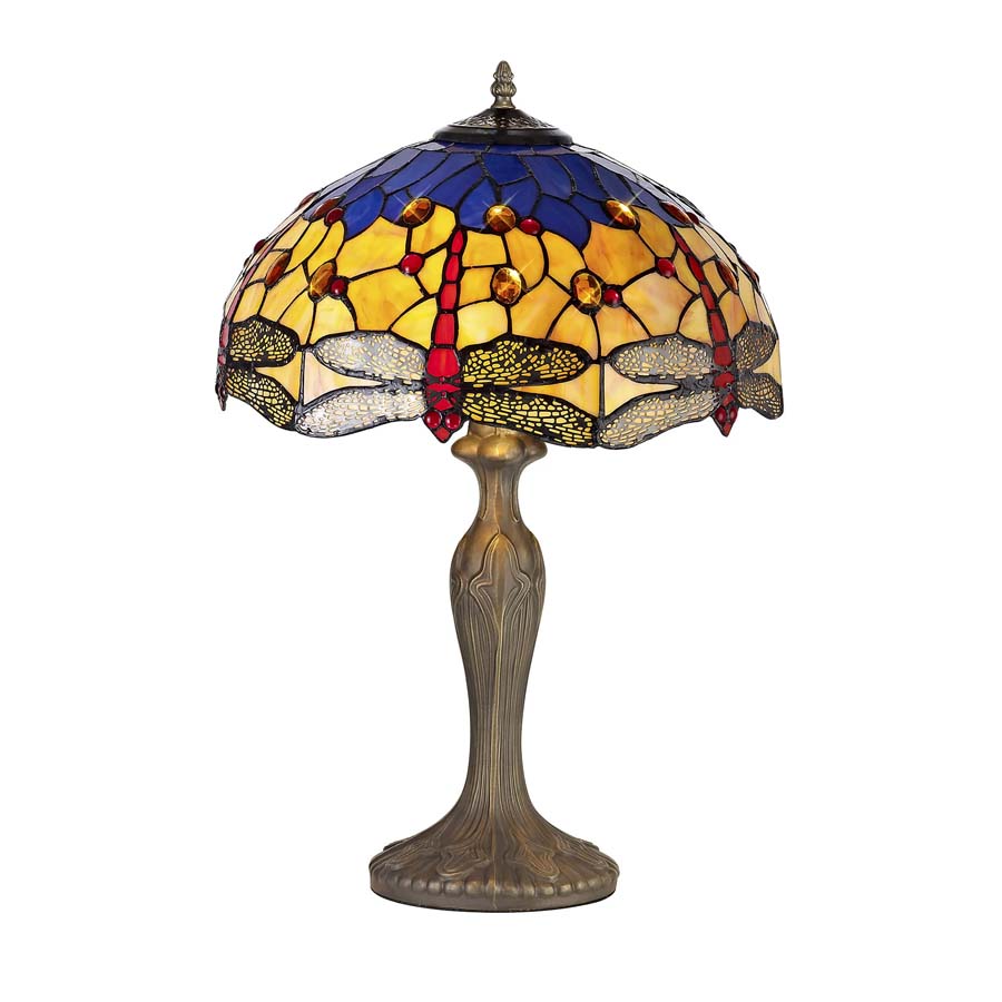 Halo Lighting Hattie 2 Light Curved Table Lamp E27 With 40cm Tiffany Shade, Blue/Orange/Crystal/Aged Antique Brass