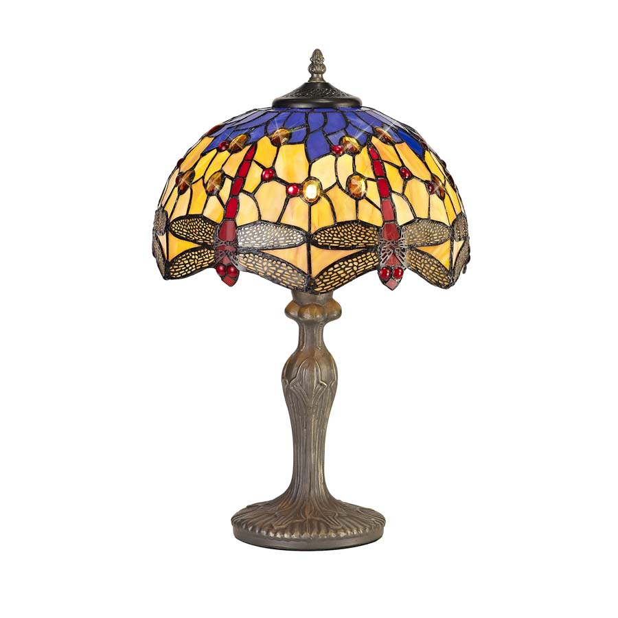 Halo Lighting Hattie 1 Light Curved Table Lamp E27 With 30cm Tiffany Shade, Blue/Orange/Crystal/Aged Antique Brass